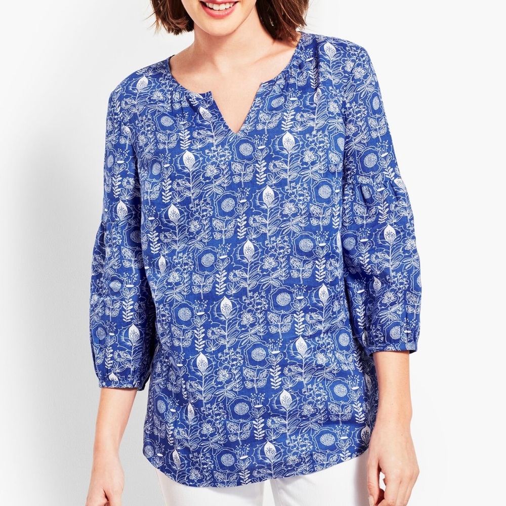 Talbots 100% Linen Lantern-Sleeve Popover Floral Blouse Tunic Medium Coastal